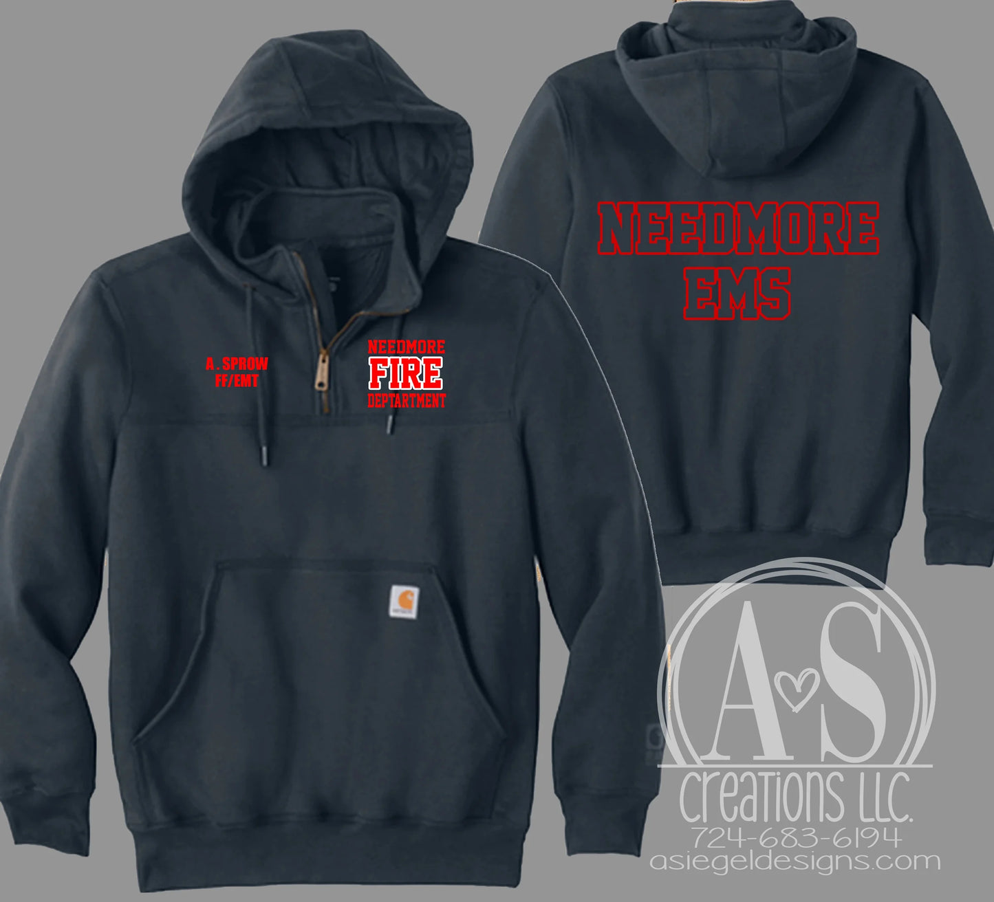 Custom Bold Text 1/4 Zip Carhartt Hoodie with BACK text