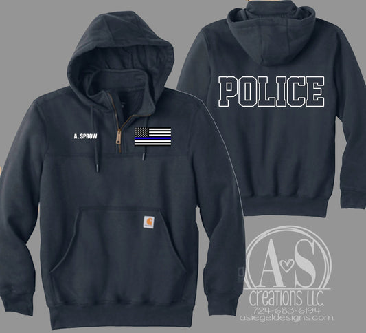 Thin Blue Line 1/4 Zip Carhartt Hoodie with BACK text