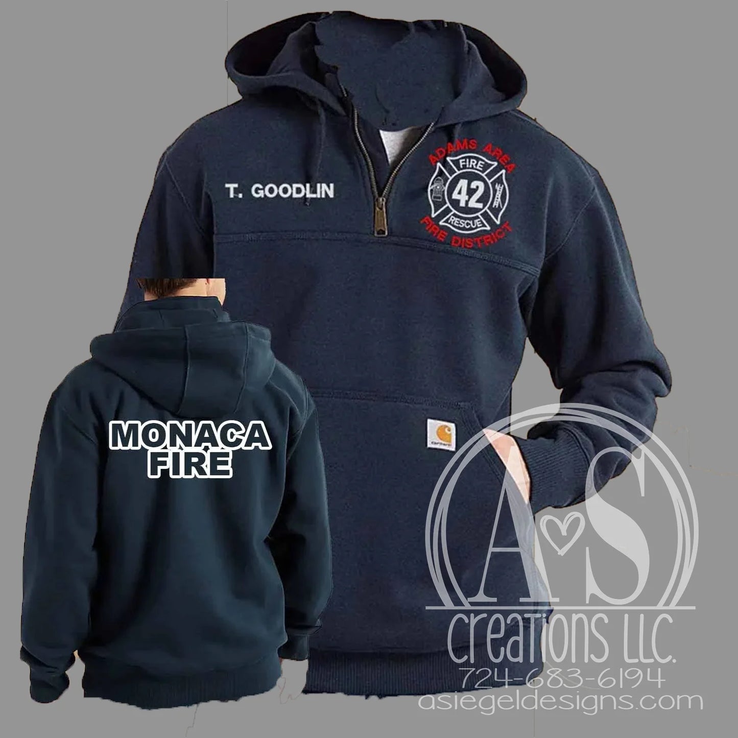 Station Number 1/4 Zip Carhartt Hoodie with BACK text