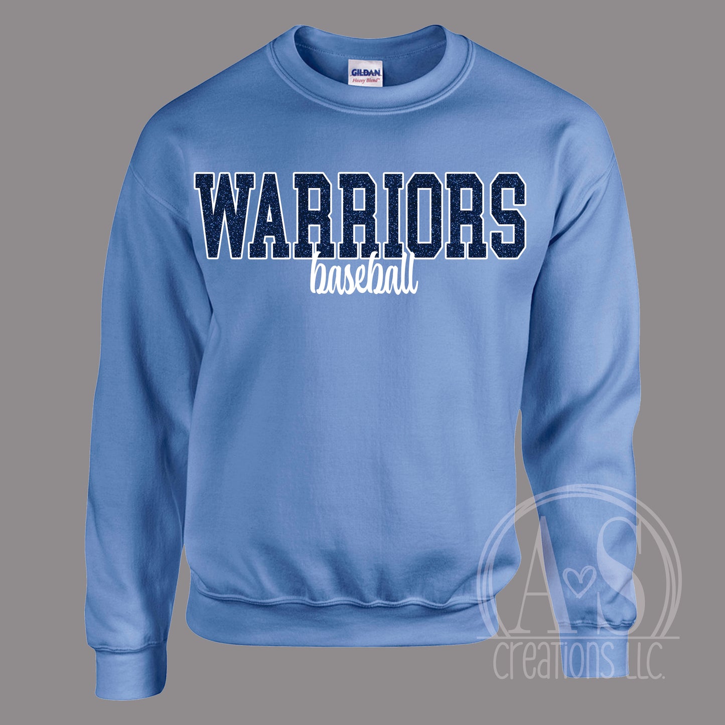 Warriors Baseball Glitter Embroidered Sweatshirt or Hoodie - Carolina Blue
